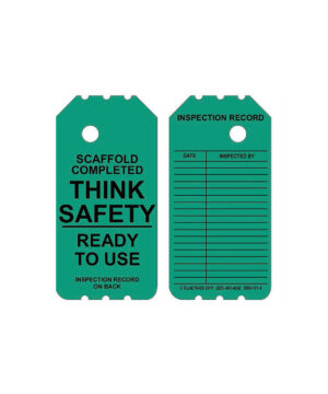 Two GP - Green Scaffolding Tags - BSG-101-0, featuring permanent adhesive equipment labels: one is labeled "Scaffold Completed, Think Safety," and the other includes inspection record fields for date and inspector names.