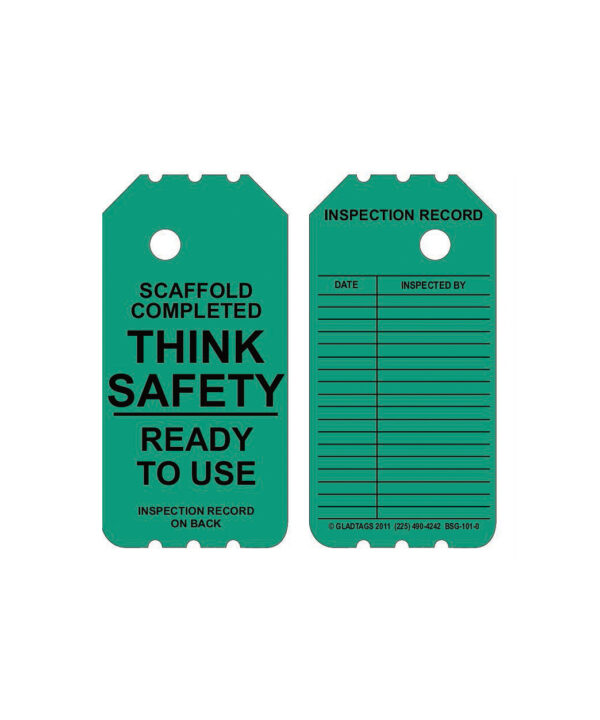 Two GP - Green Scaffolding Tags - BSG-101-0, featuring permanent adhesive equipment labels: one is labeled "Scaffold Completed, Think Safety," and the other includes inspection record fields for date and inspector names.