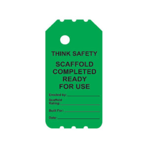 The BSG-103-0 GREEN SAFETY SCAFFOLD COMPLETED TAG displays the message "THINK SAFETY SCAFFOLD COMPLETED READY FOR USE" and includes sections for "Erected by," "Scaffold Rating," "Built For," and "Date." It plays a crucial role in ensuring proper use within industrial settings.