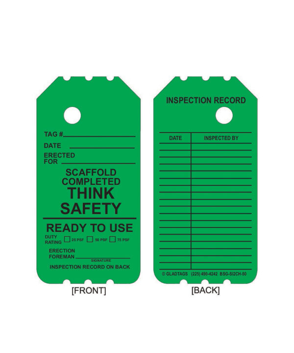 Image of the GP - Green Scaffolding Tag (BSG-SI2CH-50), highlighting permanent adhesive labels on the front for safety details and a back side for inspection records. Quantity: 25 pieces.