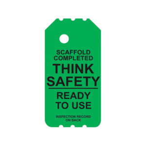 BSLG-101-0 Green Ready to Use Scaffolding Tag: "SCAFFOLD COMPLETED. THINK SAFETY. READY TO USE. INSPECTION RECORD ON BACK.
