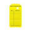 The BSLY-101-0 Yellow Caution Barricade Scaffold Tag is designed specifically for industrial scaffolding, featuring columns for date and inspected by. It includes a hole at the top for easy hanging on scaffolding structures.