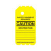 BSLY-101-0 Yellow Caution Barricade Scaffold Tag featuring "Safety-Harness Required," "Caution," and "Restriction" text, specifically designed for industrial scaffolding. Includes lines for writing and a note stating: "Inspection Record on Back.