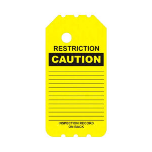 The BSLY-104-0 Yellow Caution Barricade Scaffold Tag is designed for industrial scaffolding, featuring blank lines and "Inspection Record on Back" text. It includes a triangle punched hole at the top for easy hanging, promoting safety and compliance on your scaffolding setup.