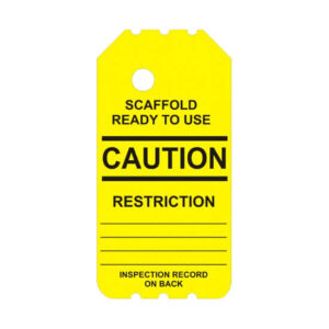 The BSLY-105-0 Yellow Caution Barricade Scaffold Tag displays, "Scaffold Ready to Use, Caution, Restriction, Inspection Record on Back," and includes space for notes.