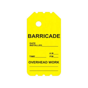 The BSLY-B-0 Yellow Caution Barricade Scaffold Tag features fields for date, time, and notes on overhead work, making it ideal for use as industrial scaffolding tags.
