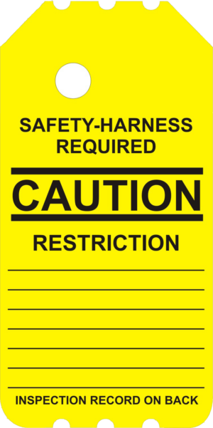 The BSLY-102-0 Yellow Caution Barricade Scaffold Tag features bold black text stating "SAFETY-HARNESS REQUIRED" along with "CAUTION RESTRICTION." It is perfect for industrial applications, offering convenient lines at the bottom for additional notes.
