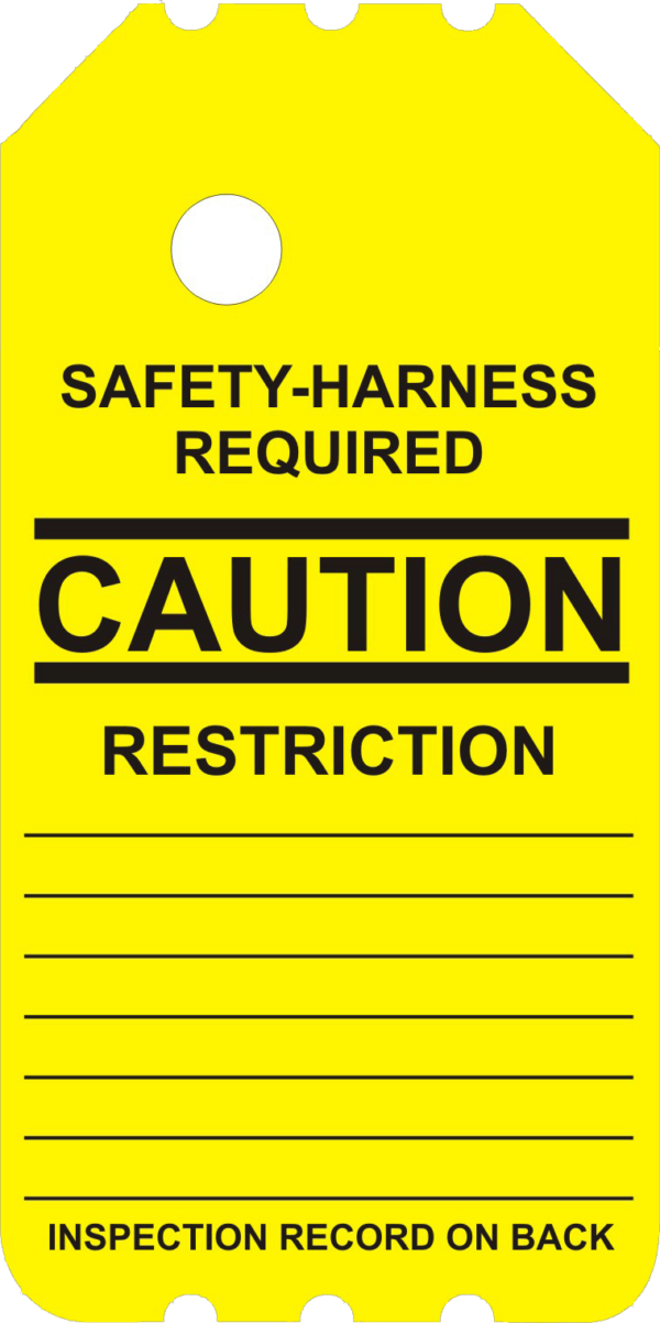 The BSLY-102-0 Yellow Caution Barricade Scaffold Tag features bold black text stating "SAFETY-HARNESS REQUIRED" along with "CAUTION RESTRICTION." It is perfect for industrial applications, offering convenient lines at the bottom for additional notes.