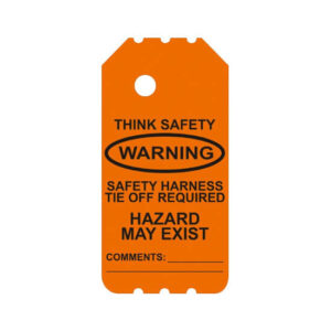 Introducing the BSO-103-0 Orange Warning Hazard Scaffold Tag: an orange safety warning tag featuring the message, "Think Safety, Warning, Safety Harness Tie Off Required, Hazard May Exist," along with a blank section for additional comments.