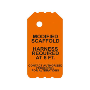 The BSO-104-0 Orange Modified Scaffold Tag features the text: "Modified Scaffold. Harness Required at 6 ft. Contact Authorized Personnel for Alterations." This tag is perfect for ensuring safety compliance in industrial scaffolding environments.