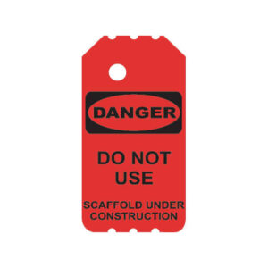 The BSR-101-0 Red Danger Scaffold Under Construction warning tag, specifically designed for industrial scaffolding, reads: "DANGER DO NOT USE SCAFFOLD UNDER CONSTRUCTION." It features a hole at the top for easy attachment, ensuring safety compliance on site.