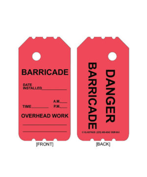 Introducing the GP - Red Insert Danger Barricade Tag - BSR-B-0 (QTY 25), featuring "DANGER" and "BARRICADE" printed in bold black text. These versatile tags come equipped with a permanent adhesive to ensure a secure attachment and include sections for noting date, time, and overhead work details. Ideal for maintaining safety in equipment management.