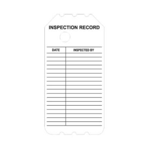 The BSW-101-0 INSPECTION RECORD SCAFFOLD TAG INSERT includes columns for the inspection date and inspector's name, and it features a hole at the top for convenient hanging.
