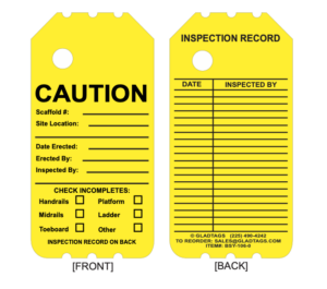 BSLY-106-0 Yellow Caution Barricade Scaffold Tag with inspection fields ensures safety checks on both sides.