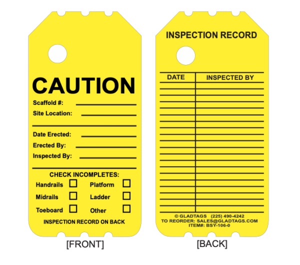 BSLY-106-0 Yellow Caution Barricade Scaffold Tag with inspection fields ensures safety checks on both sides.