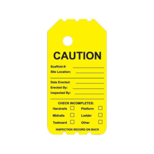 BSY-106-0 Yellow Caution Scaffolding Tag Insert featuring fields for scaffold number, site location, inspection dates, and a comprehensive checklist of inspection items.