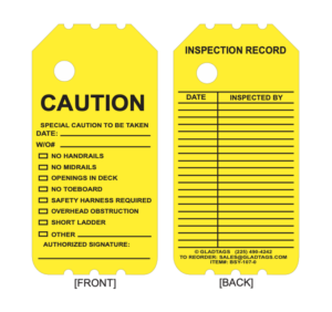 The BSLY-107-0 yellow tag has caution warnings on the front and inspection fields for date/inspector details on the back.