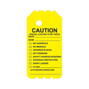 The BSY-107-0 Yellow Special Caution Scaffold Tag features checkboxes for a range of safety warnings, including the absence of handrails and midrails, as well as requirements for mandatory safety harnesses.