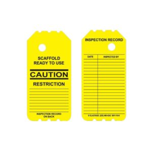 Two BSY-110-0 yellow scaffold tags labeled "Caution" include an inspection record section with date and inspector fields.