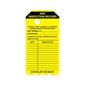 The BSY-AED-0 Yellow AED Inspection Record Tag provides spaces for recording the AED serial number, location, battery expiration date, and inspection details. Like industrial scaffolding tags, it features a checklist on the back for comprehensive inspections.