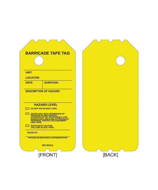 Image of the GP - Yellow Scaffolding Tag - BSY-BTAV-0, which is double-sided and yellow. It includes fields for unit, location, date, duration, hazard description, and hazard level. This tag is ideal for enhancing safety and communication when used with permanent adhesive equipment labels across diverse settings. Comes in a quantity of 25.