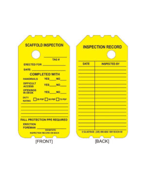 The GP - Yellow Scaffolding Tag - BSY-SI2CH-50 (QTY 25) includes permanent adhesive equipment labels with fields for tag number, date, inspector, completion details, and fall protection PPE requirements.