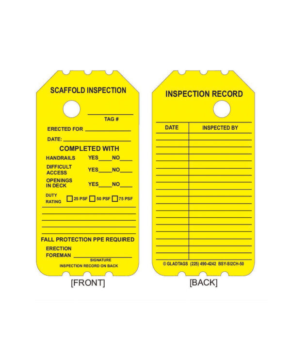 The GP - Yellow Scaffolding Tag - BSY-SI2CH-50 (QTY 25) includes permanent adhesive equipment labels with fields for tag number, date, inspector, completion details, and fall protection PPE requirements.