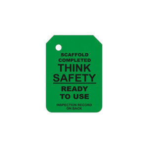 G-101-0 GREEN SCAFFOLD TAG INSERT featuring the message: "Scaffold completed. Think safety. Ready to use," with an inspection record on the reverse side to ensure compliance with industrial scaffolding tag standards.
