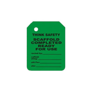 The G-103-0 GREEN SCAFFOLD TAG INSERT is a crucial tool for industrial settings, featuring the message "Think Safety, Scaffold Completed Ready for Use," along with spaces to fill in the inspector's details and date. This green safety tag helps ensure compliance and promotes safety awareness.