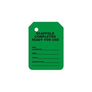 G-106-0 GREEN SCAFFOLD TAG INSERT, labeled "Scaffold Completed Ready for Use," features fields for date, shift, review, and comments.