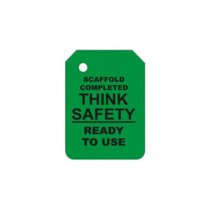 The G-109-0 GREEN SCAFFOLD TAG INSERT features the message, "Scaffold completed. Think safety. Ready to use." This tag is designed for industrial scaffolding, ensuring all necessary precautions are taken for your peace of mind.