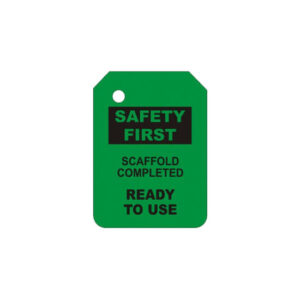 G-110-0 GREEN SCAFFOLD TAG INSERT featuring the words "SAFETY FIRST, SCAFFOLD COMPLETED, READY TO USE" in black and white.