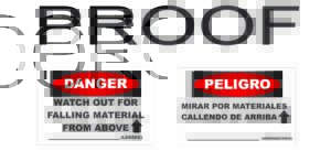 Four "GP - Danger Sign - GS-1-BI" signs, featuring industrial scaffolding tags. The left sign reads: "Danger, Watch Out for Falling Material From Above," while the right sign displays the Spanish translation: "Peligro, Mirar por Materiales Cayendo de Arriba.