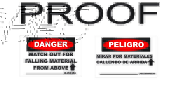 Four "GP - Danger Sign - GS-1-BI" signs, featuring industrial scaffolding tags. The left sign reads: "Danger, Watch Out for Falling Material From Above," while the right sign displays the Spanish translation: "Peligro, Mirar por Materiales Cayendo de Arriba.