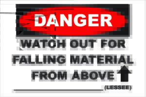 A red "GP - Danger Sign GS-1 English" warns of falling material from above, with "Lessee" noted at the bottom, reminiscent of industrial scaffolding tags.