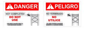 English and Spanish warning signs displaying industrial scaffolding tags with an icon of a falling person. Text: "GP- Danger/Peligro: Not completed, do not use. May cause death or injury - GS-3-BI (QTY 4).