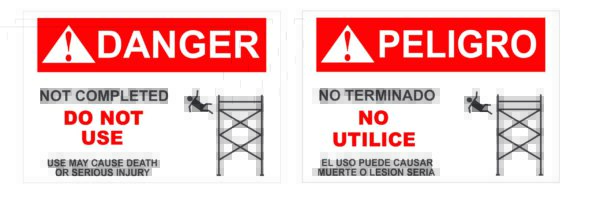 English and Spanish warning signs displaying industrial scaffolding tags with an icon of a falling person. Text: "GP- Danger/Peligro: Not completed, do not use. May cause death or injury - GS-3-BI (QTY 4).