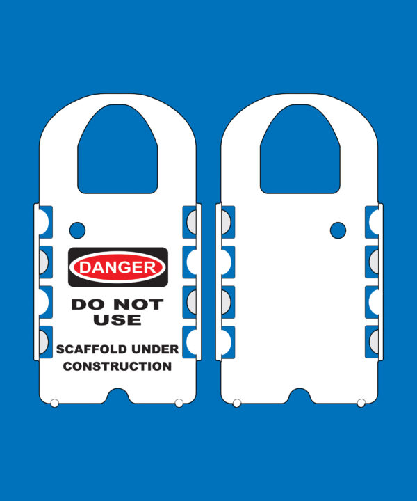 Depiction of an H-101-0 Wide Scaffold Tag Insert Holder with a "Danger Do Not Use Scaffold Under Construction" warning, complete with two fastening tabs, set against a blue backdrop.