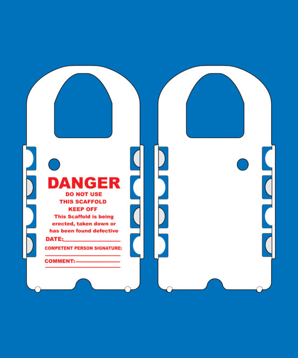 Against a blue background, two white scaffold tags are visible. One of the tags is securely placed in an H-103-0 WIDE SCAFFOLD TAG INSERT HOLDER and prominently displays a "Danger" warning in red text, with designated space for a date and signature.