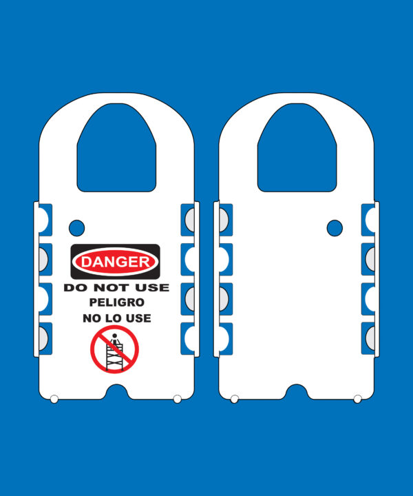 The H-106-0 WIDE SCAFFOLD TAG INSERT HOLDER is designed as a lockout tag featuring "Danger" warnings in both English and Spanish, advising against the use of equipment. It includes a no ladder symbol on a blue background, making it ideal for attaching to scaffolds.