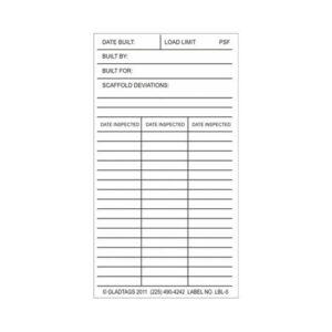The LBL-5 INSPECTION RECORD SCAFFOLDING TAG includes fields for the date built, load limit, builder, deviations, and inspection dates. It also features sections for notes and additional details.