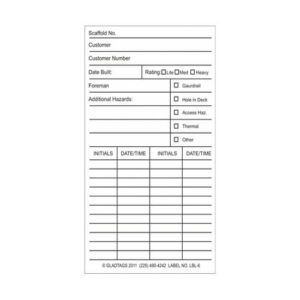 The LBL-6 Inspection Record Scaffolding Tag includes sections for scaffold number, customer details, date built, rating, hazards, and initials with dates.