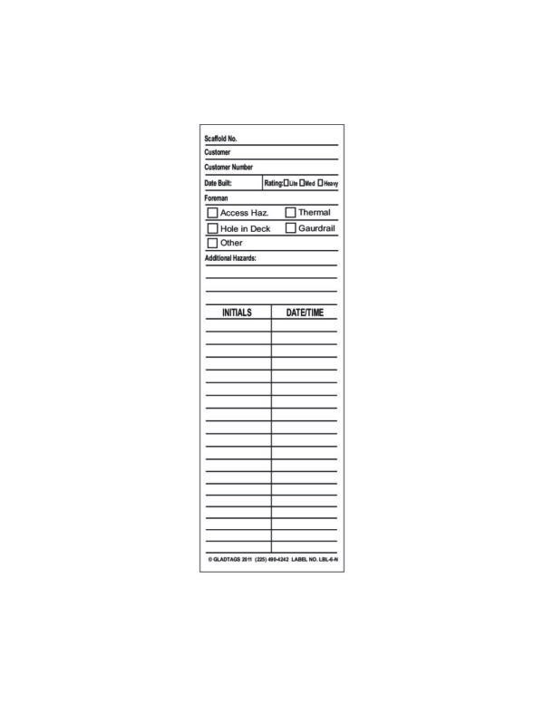 The LBL-6-N Narrow Inspection Record Label, featuring fields for suit number, customer name, customer number, date, access hazards, initials, and scaffolding tags, seamlessly integrates both safety and administrative details.