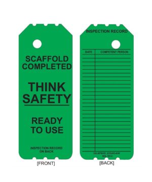 The GP - Green Laminated Scaffolding Tags (NGL-101-0) pack of 25 features tags with permanent adhesive labels. On the front, they state "Scaffold Completed. Think Safety. Ready to Use," and on the back, there's an "Inspection Record" section with lines for date and competent person, ensuring your safety equipment is clearly marked and efficiently inspected.