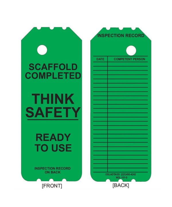 The GP - Green Laminated Scaffolding Tags (NGL-101-0) pack of 25 features tags with permanent adhesive labels. On the front, they state "Scaffold Completed. Think Safety. Ready to Use," and on the back, there's an "Inspection Record" section with lines for date and competent person, ensuring your safety equipment is clearly marked and efficiently inspected.