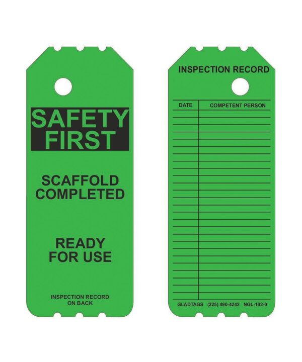 Green laminated scaffolding tags, featuring "Safety First" and an inspection record section, durable build and permanent adhesive equipment labels. One side indicates "Scaffold Completed, Ready for Use." Product Name: GP - Green Laminated Scaffolding Tag - NGL-102-0 (QTY 25).