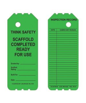 The GP - Green Laminated Scaffolding Tags - NGL-103-0 (QTY 25) set includes two tags with permanent adhesive equipment labels. One tag displays the message "Think Safety Scaffold Completed Ready for Use," while the other offers spaces for inspection records, promoting both reliable adherence and organization across all your projects.