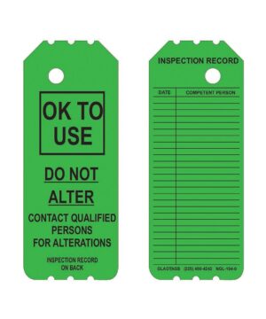 Product: GP - Green Laminated Scaffolding Tags - NGL-104-0 (QTY 25)

Description: Two of these green laminated scaffolding tags include a permanent adhesive. One tag is labeled with "OK TO USE," while the other serves as an "INSPECTION RECORD" and includes columns for date and competent person details.