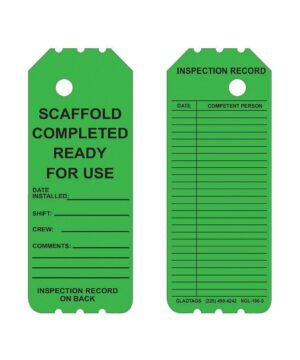 Two labels from the GP - Green Laminated Scaffolding Tags - NGL-106-0, each featuring a permanent adhesive, are labeled with "SCAFFOLD COMPLETED READY FOR USE" and "INSPECTION RECORD," offering sections for date, shift, crew, and comments.