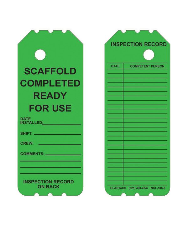 Two labels from the GP - Green Laminated Scaffolding Tags - NGL-106-0, each featuring a permanent adhesive, are labeled with "SCAFFOLD COMPLETED READY FOR USE" and "INSPECTION RECORD," offering sections for date, shift, crew, and comments.
